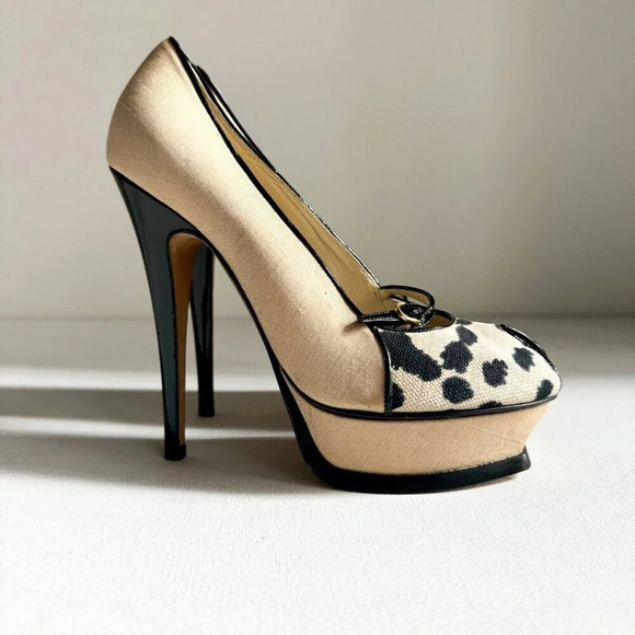 YVES SAINT LAURENT TRIBUTE LEOPARD Print  - SILK SHANTUNG OVER LEATHER Heels 36 - Picture 1 of 11